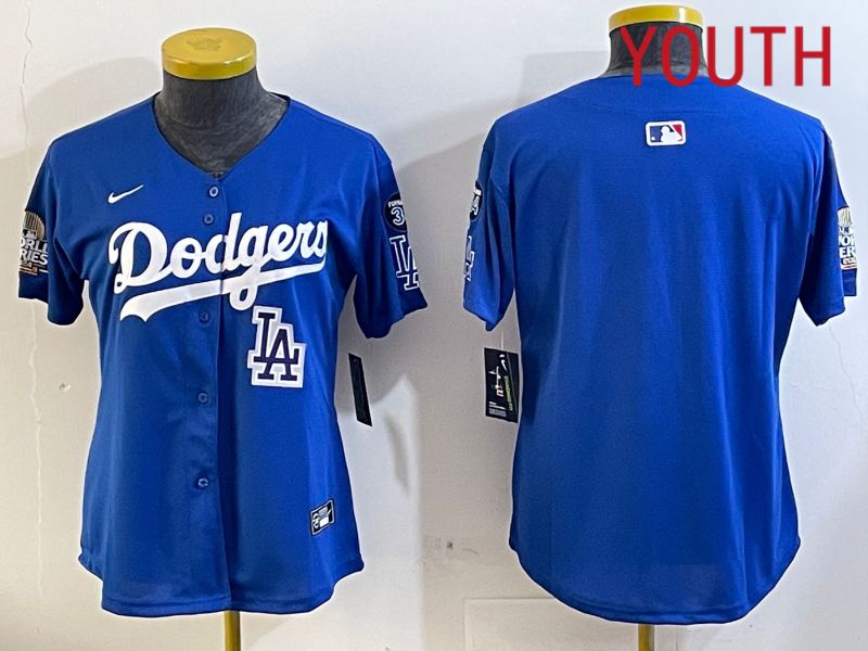 Youth  Los Angeles Dodgers blank 2024 World series patch blue jersey 202411289